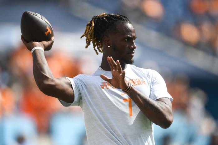Tennessee Volunteers QB Joe Milton III warming up before the Virginia game on September 2nd, 2023, in Nashville, Tennessee. (Photo by Caitie McMekin of the News Sentinel)